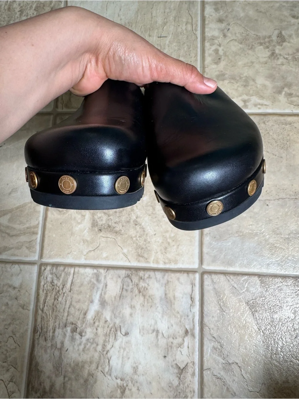 Tory Burch Black Leather Platform Clogs with Gold Studs